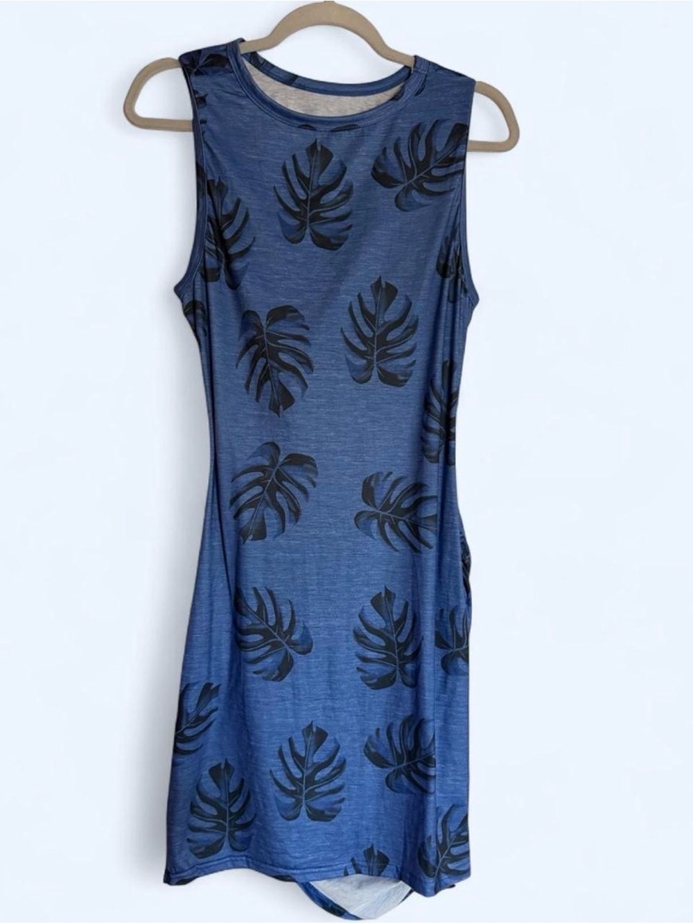 Sleeveless Blue Tropical Leaf Tank Dress